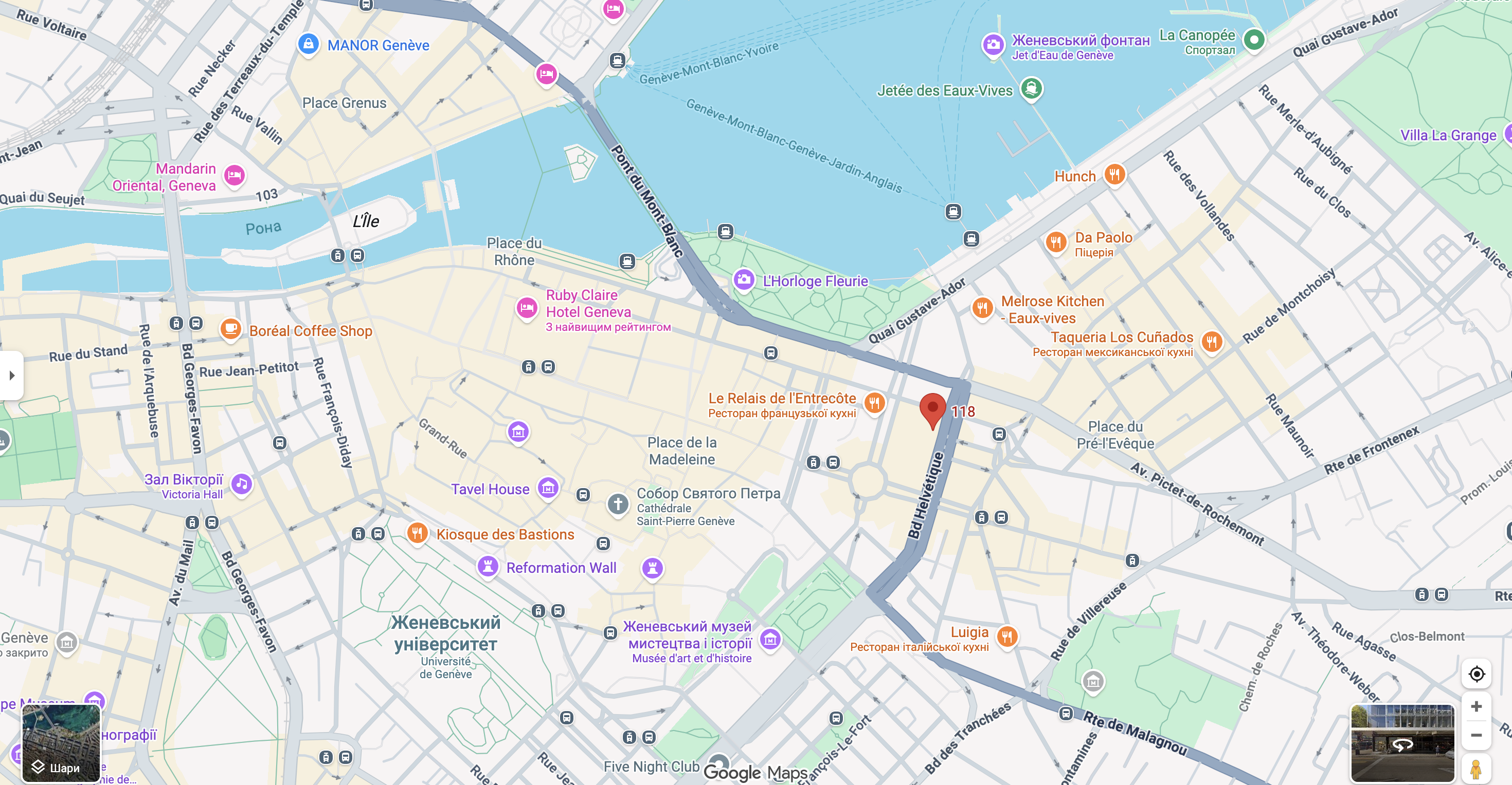 Стилизованный тёмный фрагмент карты с адресом мастерской на Rue du Rhône, Geneva